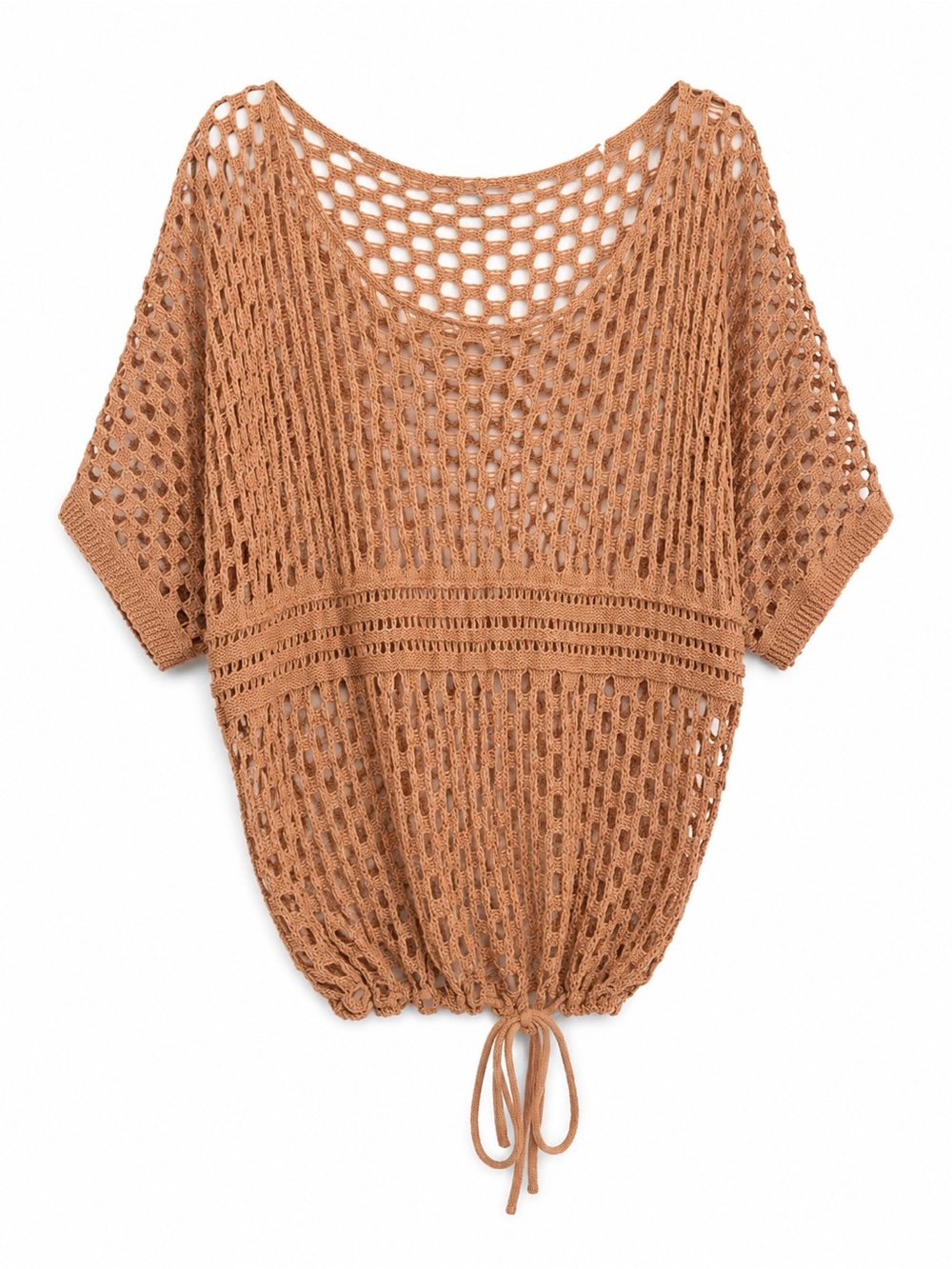 Venus 100% cotton Open Knit Drawstring Top in Camel